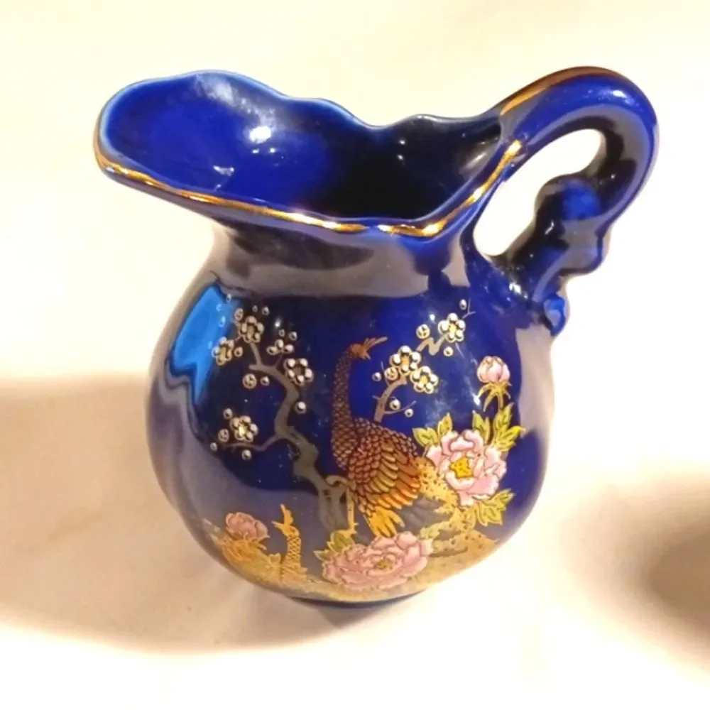 Vintage Small Japanese Cobalt Blue Pitcher and Urn with Gold Peacock and Flowers